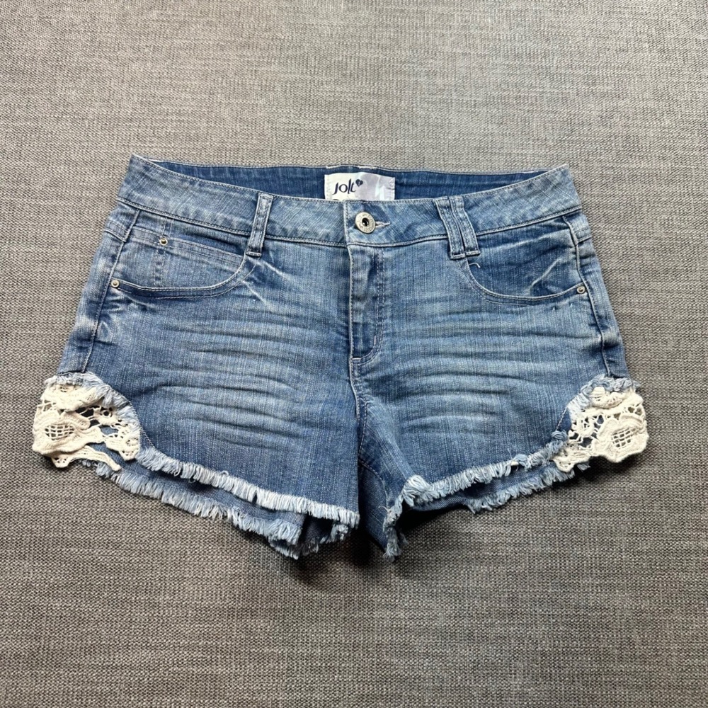 Jolt Denim Shorts Women 11 Blue Lace Crochet Frayed Hem Boho Cut-Offs